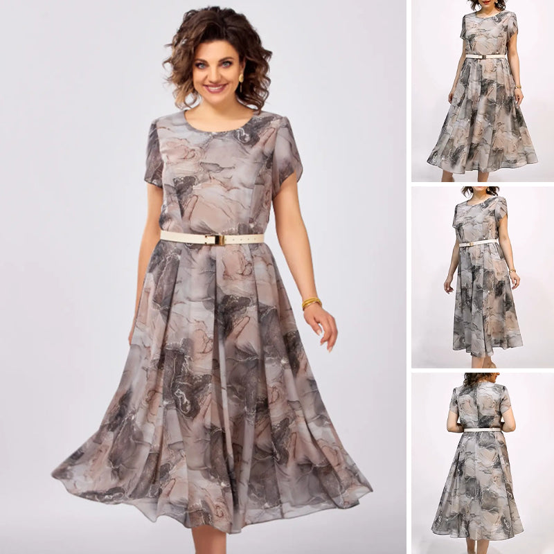 Vestido midi elegante de manga corta con cuello redondo para mujer-ES