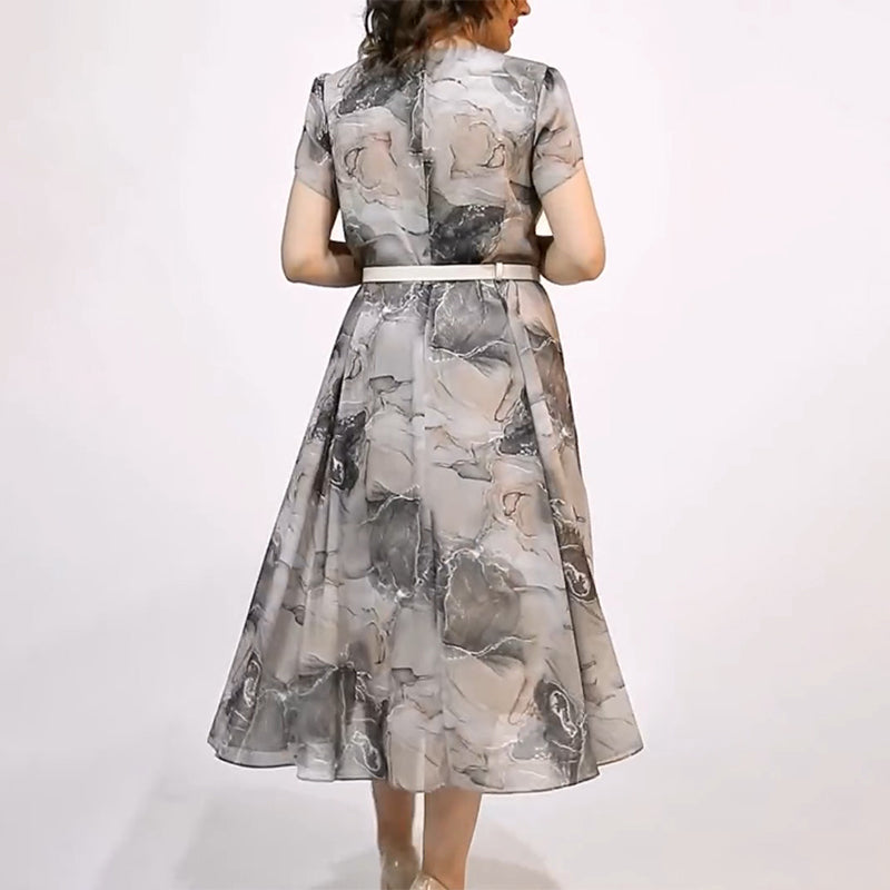 Vestido midi elegante de manga corta con cuello redondo para mujer-ES
