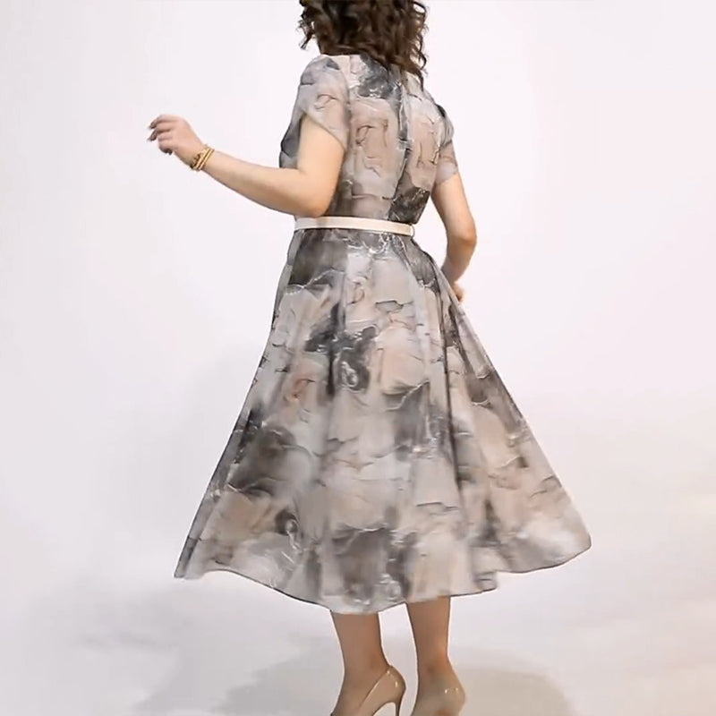 Vestido midi elegante de manga corta con cuello redondo para mujer-ES