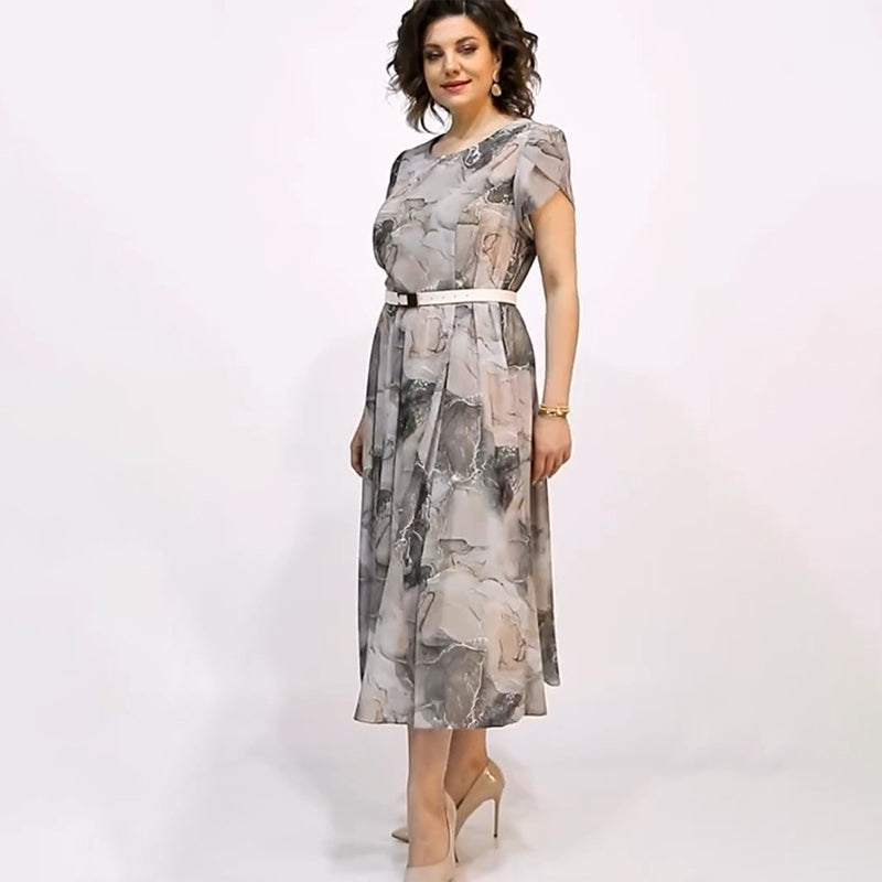 Vestido midi elegante de manga corta con cuello redondo para mujer-ES