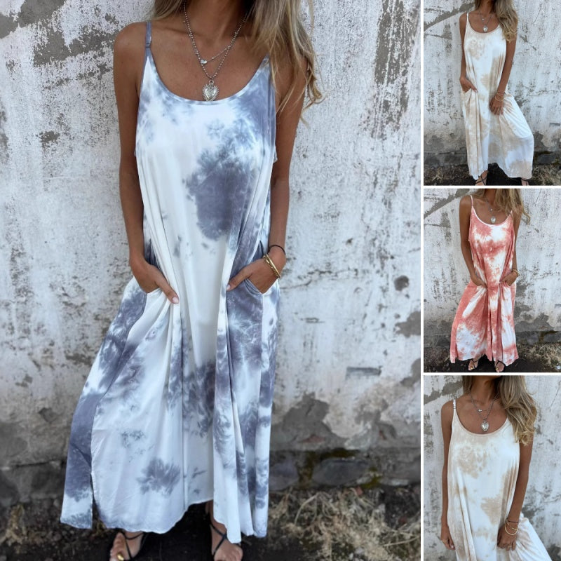 Γυναικείο Φόρεμα Tie Dye με Ντεγκραντέ Στάμπα και Τιράντες-GR
