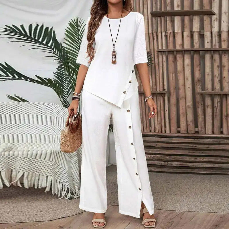 🌿Conjunto de dos piezas para mujer: Top de bajo irregular y pantalón ancho☁️-ES