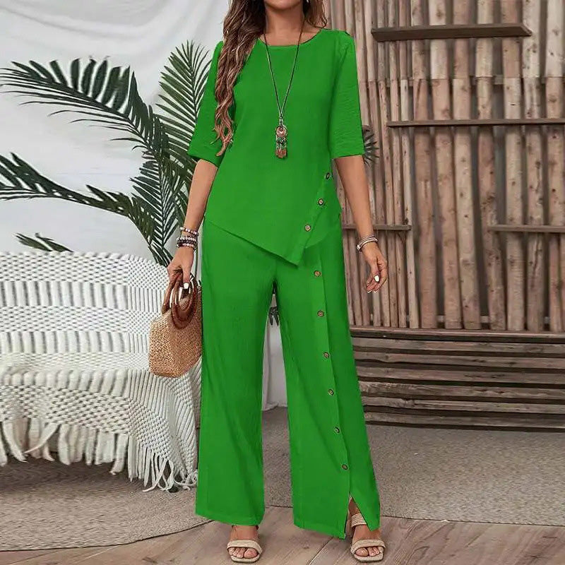 🌿Conjunto de dos piezas para mujer: Top de bajo irregular y pantalón ancho☁️-ES