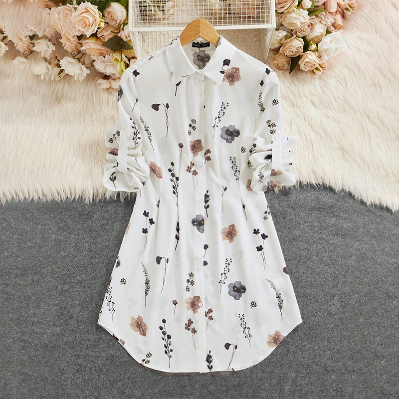 【S-XL】🌸Elegante vestido camisero de corte A con mangas largas y estampado floral-ES