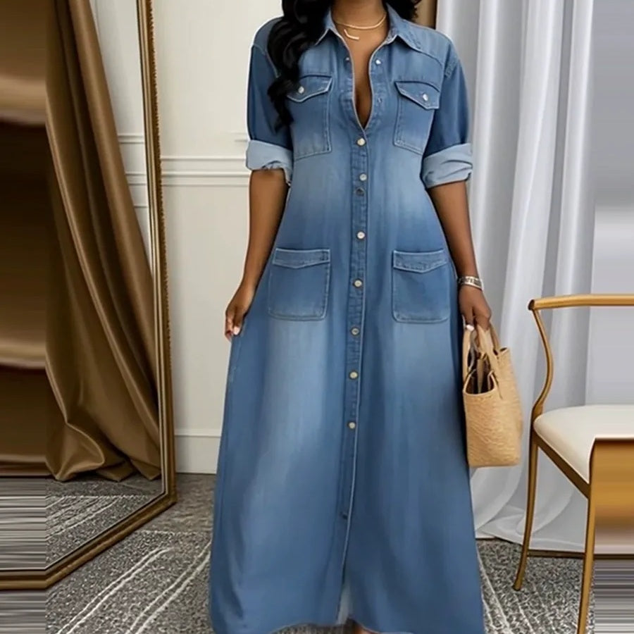 Vestido largo vaquero abotonado para mujer-ES