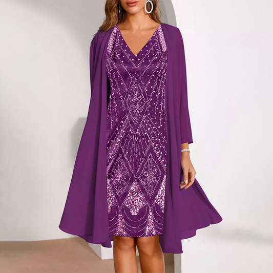 Conjunto de mujer: Vestido con escote en pico y chaqueta larga vaporosa-ES