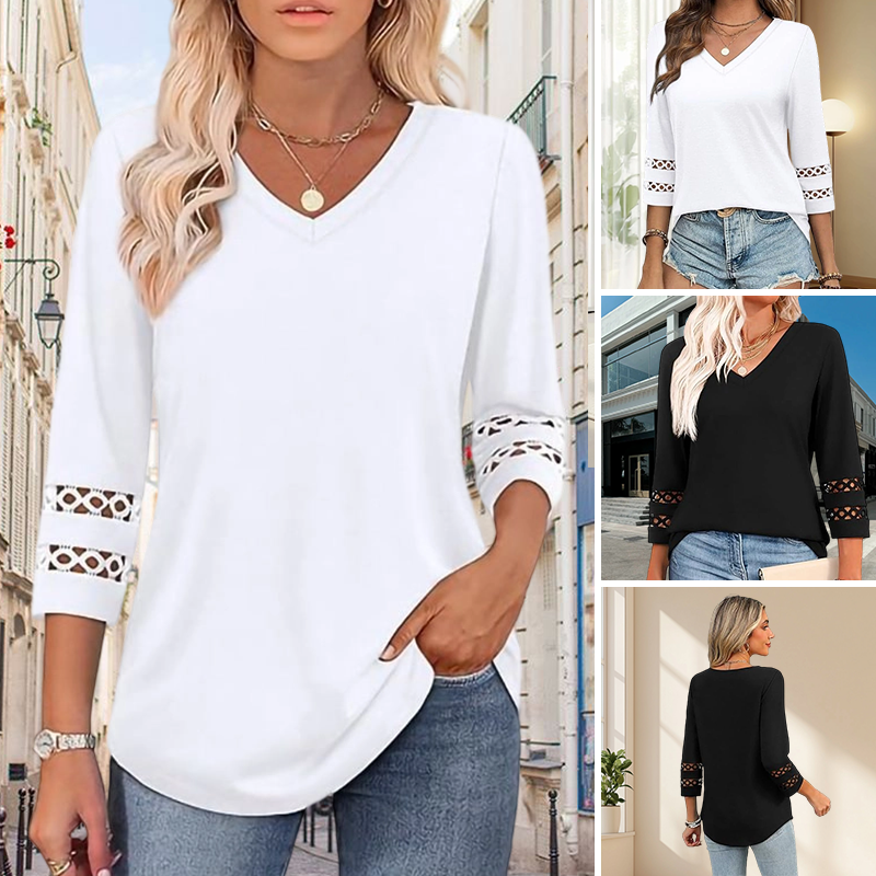 🌺[S-3XL]👚✨ Top clásico de color liso con escote en V y mangas 3/4-ES
