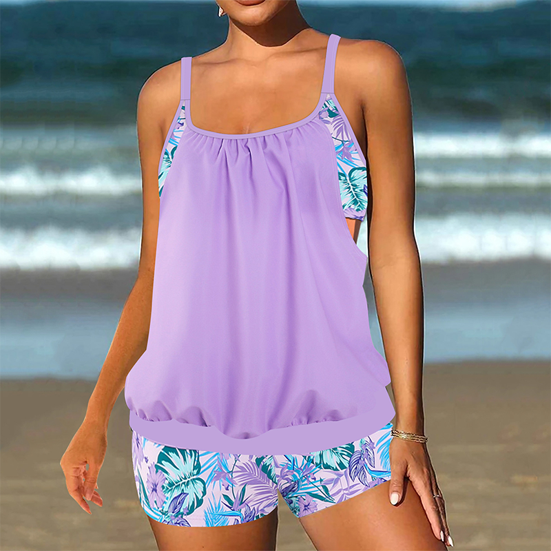 Traje de baño de dos piezas para mujer: top + shorts | Diseño estilo camisa, disponible en tallas grandes.-ES